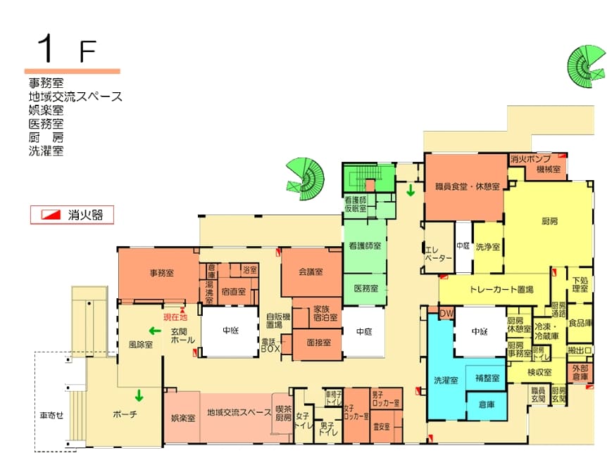 1F 事務室　地域交流スペース　娯楽室　医務室　厨房　洗濯室