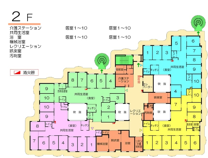 2F 介護ステーション　共同生活室　浴室　機会浴室　レクリエーション　娯楽室　汚物室