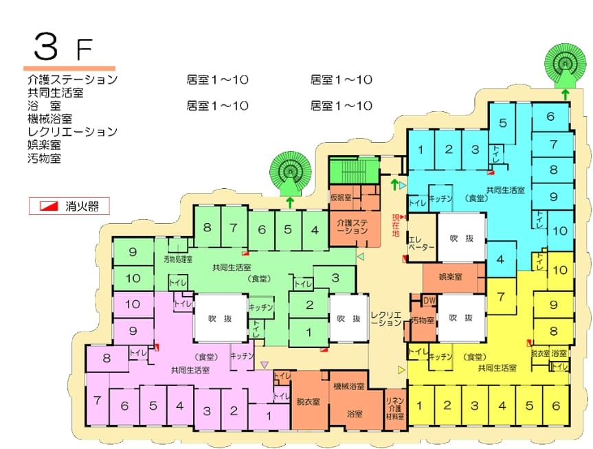 3F 介護ステーション　共同生活室　浴室　機会浴室　レクリエーション　娯楽室　汚物室