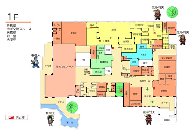 1F 事務室　地域交流スペース　医務室　厨房　洗濯室