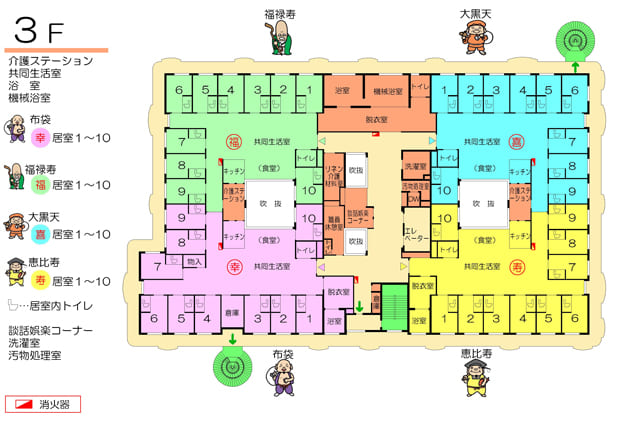 3F 介護ステーション　共同生活室　浴室　機会浴室　布袋『幸』居室1〜10　福禄寿『福』居室1〜10　大黒天『喜』居室1〜10　恵比寿『寿』居室1〜10　居室内トイレ　談話娯楽コーナー　選択室　汚物処理室