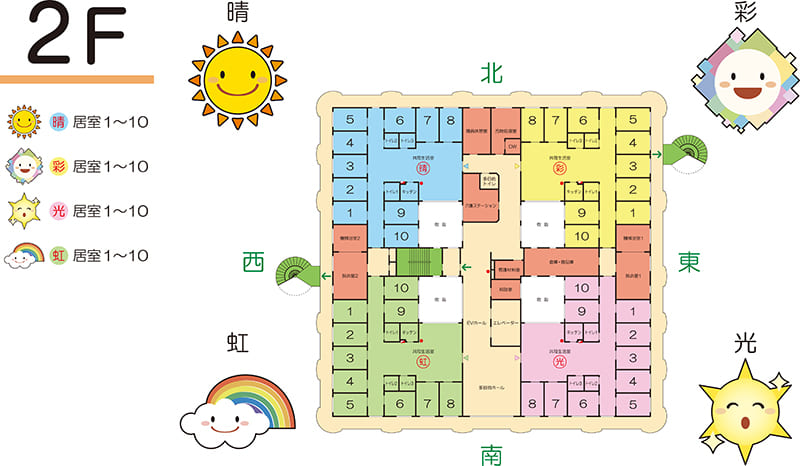 新館　2F 『晴』居室1〜10　『彩』居室1〜10　『光』居室1〜10　『虹』居室1〜10